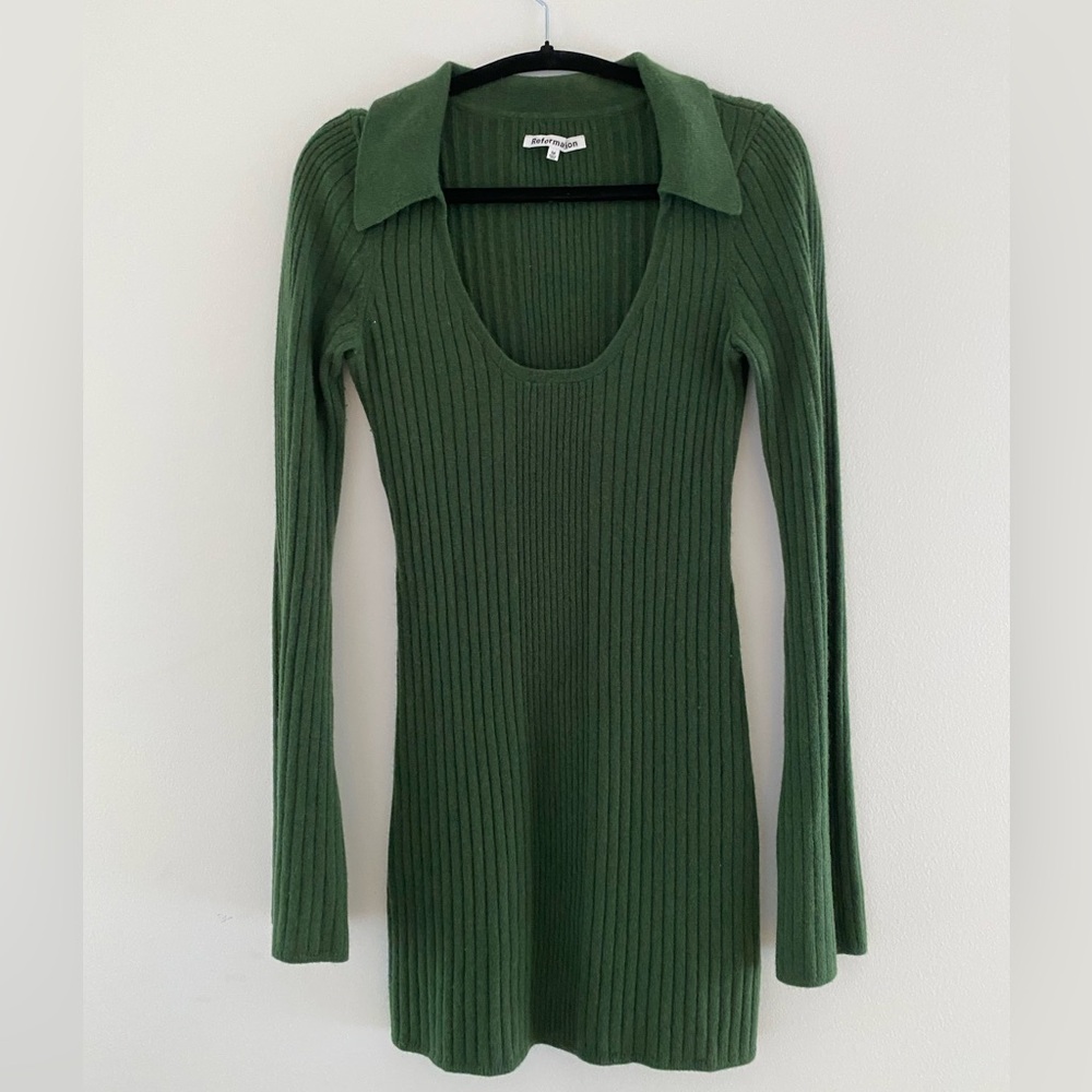 Reformation‎ farfalle green sweater ribbed dress med collar long sleeve cashmere